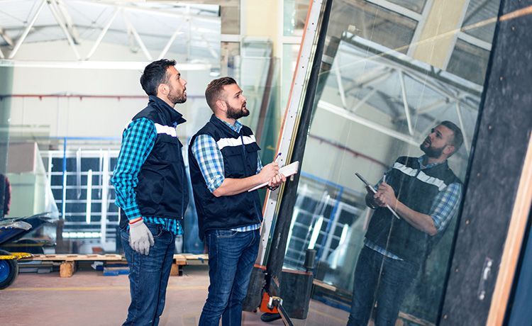 Zwei Männer stehen in einer Lagerhalle und begutachten eine große Glasscheibe.