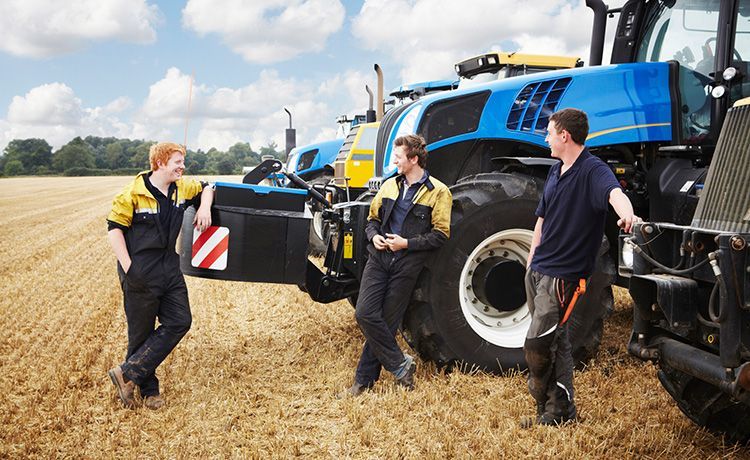 Drei Männer stehen auf einem Feld neben Traktoren. Drei Männer stehen auf einem Feld neben Traktoren.