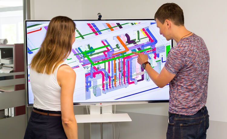 Zwei Studierende stehen vor einem Monitor.